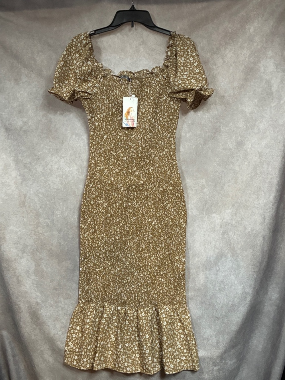 Floral Smocked Midi Dress in Tan with Ruffle Hem